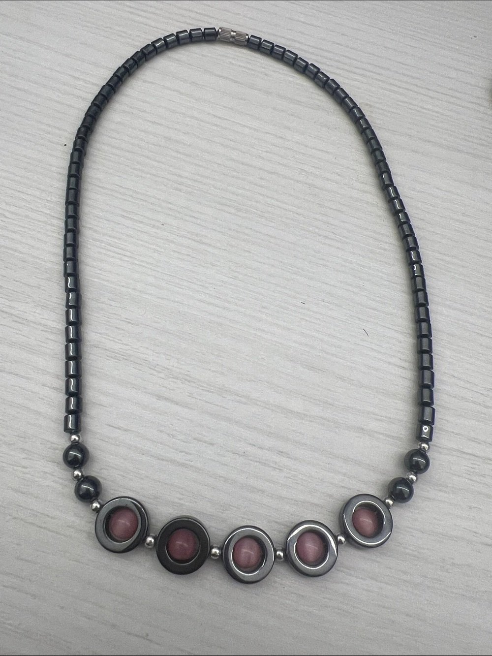 Women's Hematite Beaded Necklace with Pink Stone Accents